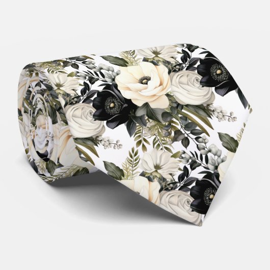 Zwart en Witte Bloemenschildering in Waterverf Stropdas (Opgerold)