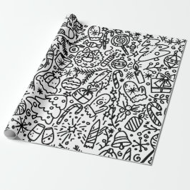 ZWART EN WITTE CHRISTMAS DOODLE WRAPPELPAP CADEAUPAPIER