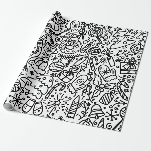 ZWART EN WITTE CHRISTMAS DOODLE WRAPPELPAP CADEAUPAPIER (Uitgerold)