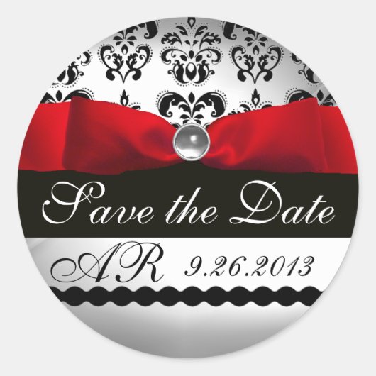 ZWART EN WITTE DAMASK RED RIBBON MONOGRAM Gemstone Ronde Sticker (Voorkant)