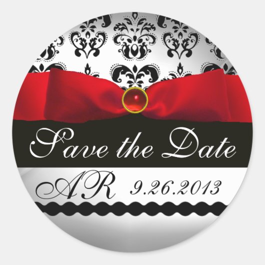 ZWART EN WITTE DAMASK RED RIBBON MONOGRAM Gemstone Ronde Sticker (Voorkant)