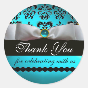 ZWART EN WITTE DAMASK RIBBON BLUE GEM Dank u Ronde Sticker
