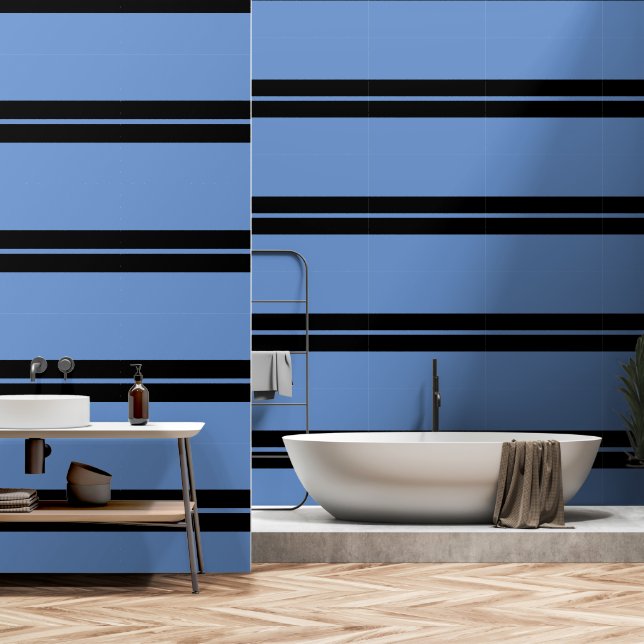 Zwart en zacht blauw horizontale streep behang (Badkamer)