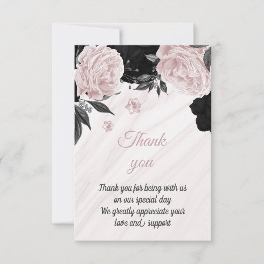 Zwart en zacht roze botanisch marmer bedankkaart (Voorkant)