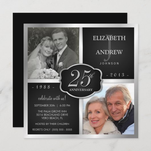 Zwart en zilver 25th Wedding Jubileum Kaart (Voorkant / Achterkant)