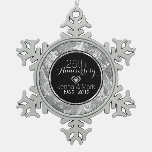 Zwart en zilver 25th Wedding Jubileum Ornament (Voorkant)