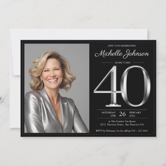 Zwart en zilver 40e verjaardag kaart (Voorkant)