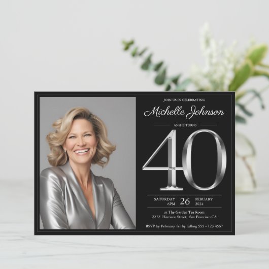 Zwart en zilver 40e verjaardag kaart (Staand voorkant)