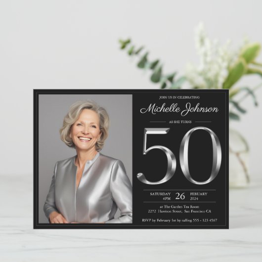 Zwart en zilver 50ste verjaardag kaart (Staand voorkant)