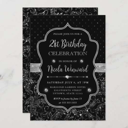 Zwart en Zilver Art Deco Glitter 21e verjaardag Kaart (Voorkant / Achterkant)