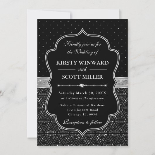Zwart en Zilver Art Deco Glitter Bruiloft Kaart (Voorkant)