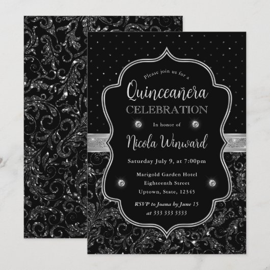 Zwart en Zilver Art Deco Glitter Quinceanera Kaart (Voorkant / Achterkant)