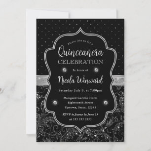 Zwart en Zilver Art Deco Glitter Quinceanera Kaart