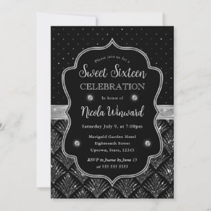 Zwart en zilver Art Deco glitters Sweet Sixteen Kaart