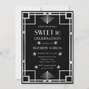 Zwart en zilver Art Deco vintage lijst Sweet 16 Kaart