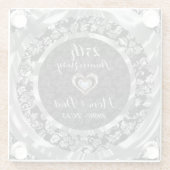 Zwart en zilver bloemdamast. 25e Jubileum Glazen Onderzetter (Achterkant)