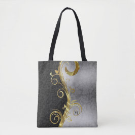 Zwart en zilver bloemdamast en gouden werveling tote bag