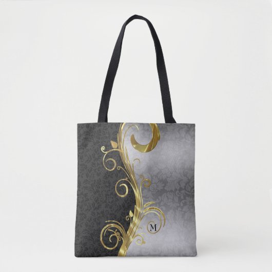 Zwart en zilver bloemdamast en gouden werveling tote bag (Voorkant)