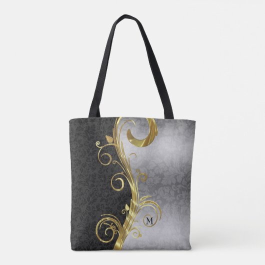 Zwart en zilver bloemdamast en gouden werveling tote bag (Achterkant)