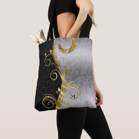 Zwart en zilver bloemdamast en gouden werveling tote bag (Dichtbij)