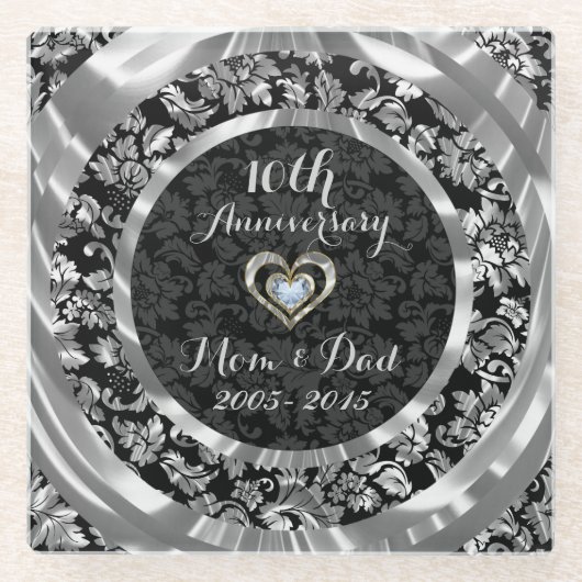 Zwart en Zilver Bloemen Damask.10th Jubileum Glazen Onderzetter (Voorkant)