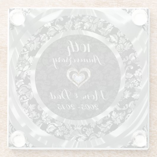 Zwart en Zilver Bloemen Damask.10th Jubileum Glazen Onderzetter (Achterkant)