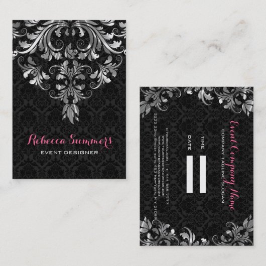 Zwart en zilver bloemenkant visitekaartje (Voorkant / Achterkant)