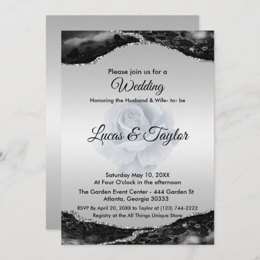 Zwart en Zilver Bruiloft Uitnodiging (Voorkant / Achterkant)