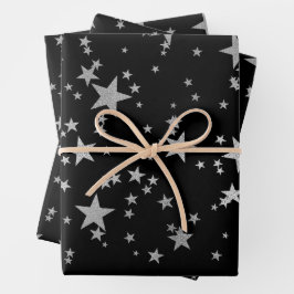 Zwart en Zilver Celestial Star Wrapping Papier Inpakpapier Vel