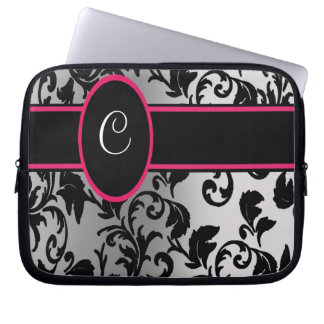 Zwart en zilver Damascus met zwart en roze Laptop Sleeve
