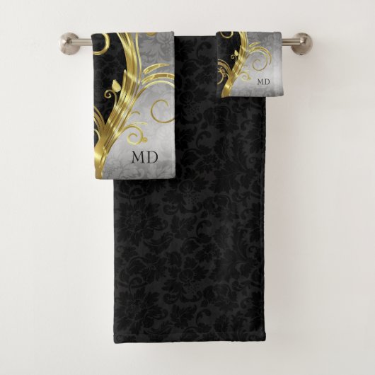 Zwart en zilver Damask Bad Handdoek (Insitu)