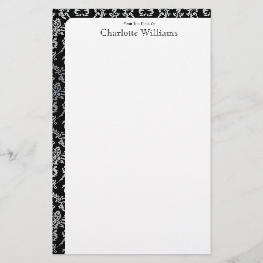 Zwart en zilver Damask Briefpapier (Voorkant)