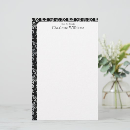 Zwart en zilver Damask Briefpapier (Staand voorkant)