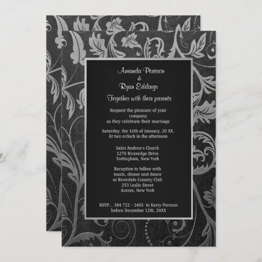 Zwart en Zilver Damask bruiloft uitnodiging (Voorkant / Achterkant)