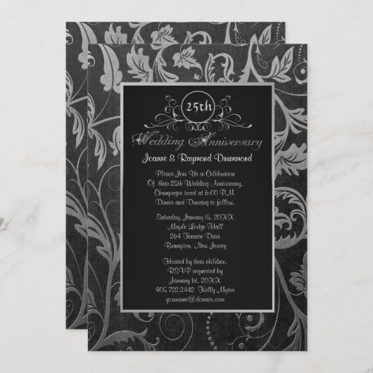 Zwart en zilver damast 25e huwelijksjubileum kaart (Voorkant / Achterkant)