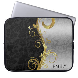 Zwart en zilver damast en wervelingen laptop sleeve