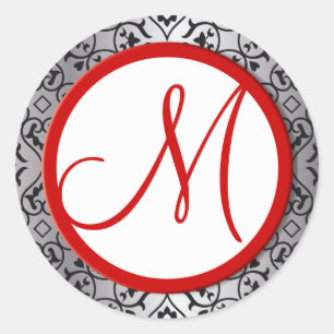 Zwart en Zilver Damast Rode Trim Bruiloft Seal Ronde Sticker