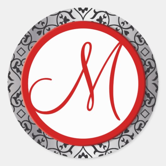 Zwart en Zilver Damast Rode Trim Bruiloft Seal Ronde Sticker (Voorkant)
