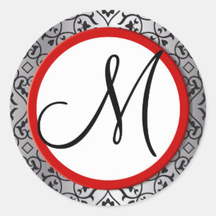 Zwart en Zilver Damast Rode Trim Bruiloft Seal Ronde Sticker