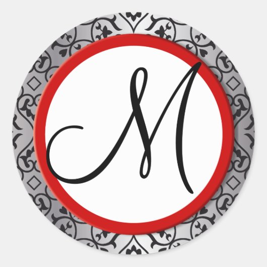 Zwart en Zilver Damast Rode Trim Bruiloft Seal Ronde Sticker (Voorkant)