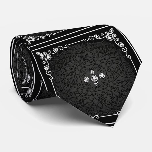 Zwart en zilver design met Diamond look Necktie Stropdas (Opgerold)