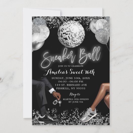 Zwart en Zilver Disco Sneaker Ball Verjaardag Kaart (Voorkant)
