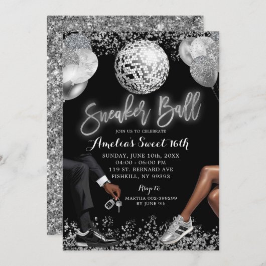 Zwart en Zilver Disco Sneaker Ball Verjaardag Kaart (Voorkant / Achterkant)
