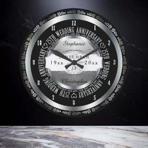 Zwart en zilver Elegant 25th Wedding Jubileum Grote Klok