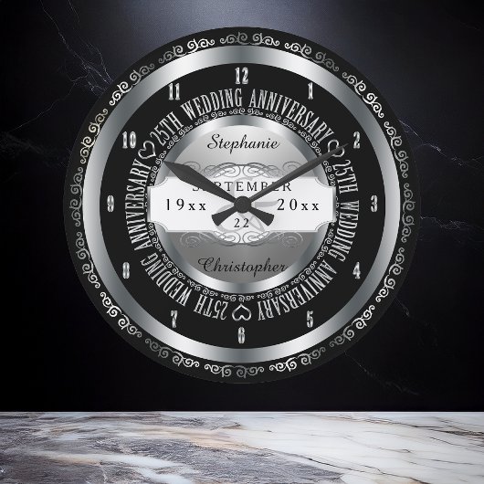 Zwart en zilver Elegant 25th Wedding Jubileum Grote Klok
