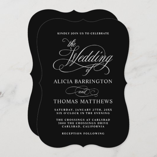 Zwart en Zilver Elegante Kalligrafie Bruiloft Kaart (Voorkant / Achterkant)