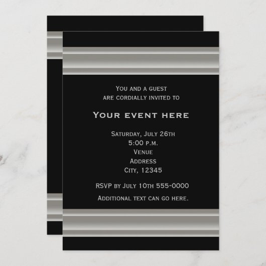 Zwart en Zilver Elegante Party Event Uitnodiging (Voorkant / Achterkant)