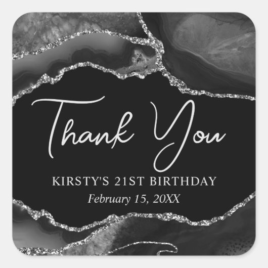 Zwart en Zilver Faux Glitter Agaat Verjaardagsfees Vierkante Sticker (Voorkant)