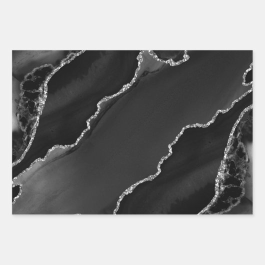 Zwart en zilver faux glitter Agate Inpakpapier Vel (Voorkant)