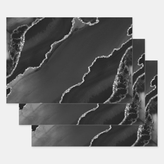 Zwart en zilver faux glitter Agate Inpakpapier Vel (Set)